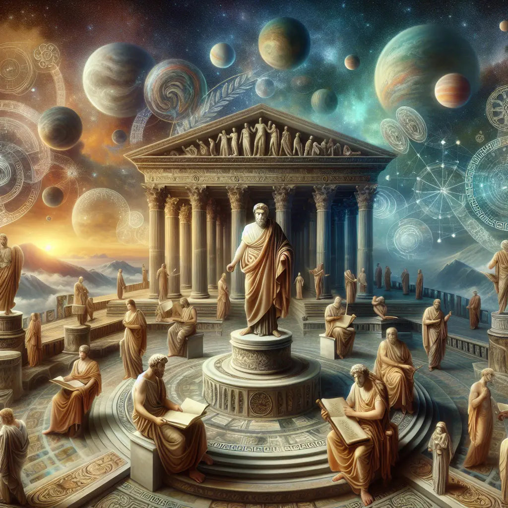 A toga-clad Stoic philosopher gestures toward a harmonious cosmic scene blending Roman and Greek classical symbols, under warm golden light in the style of 1960s historical epic paintings.