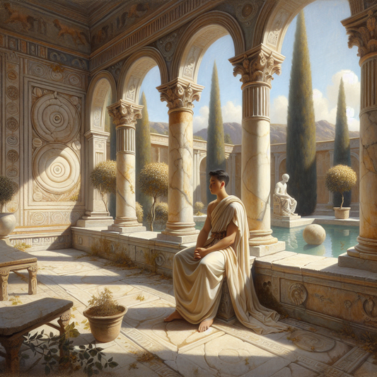A peaceful figure in a neutral toga sits thoughtfully in a classical Greco-Roman courtyard surrounded by marble columns and nature, bathed in warm golden sunlight, evoking ancient Stoic philosophy in a 1960s film style.