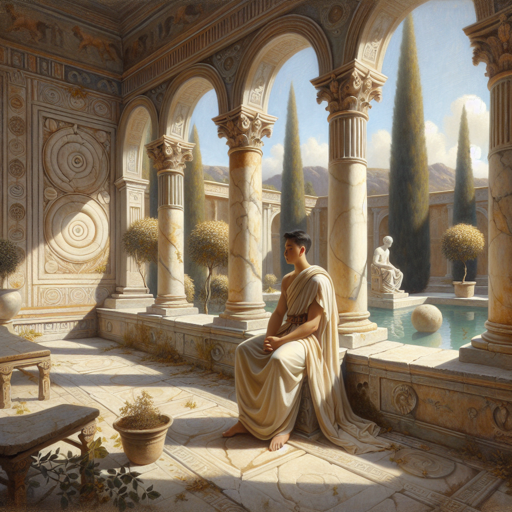 A peaceful figure in a neutral toga sits thoughtfully in a classical Greco-Roman courtyard surrounded by marble columns and nature, bathed in warm golden sunlight, evoking ancient Stoic philosophy in a 1960s film style.