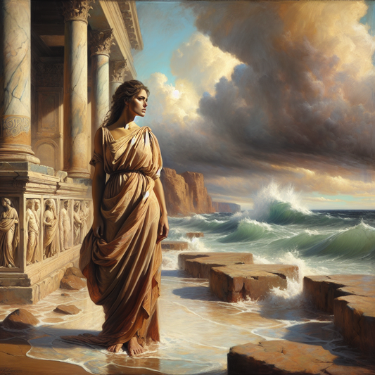 A serene Roman woman standing on a stone outcrop by a calm sea with storm waves in the distance, symbolizing stoic emotional resilience, painted in the style of 1960s historical epics.
