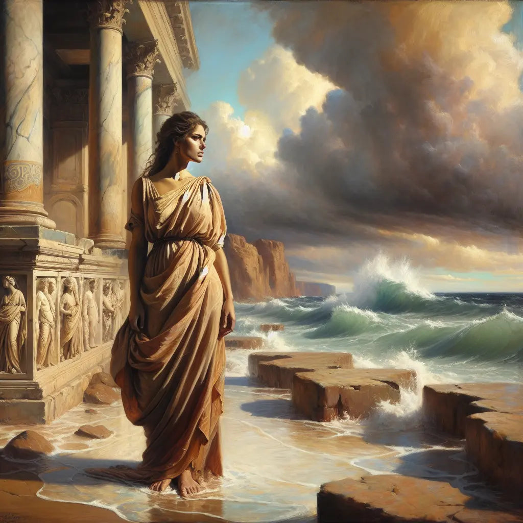 A serene Roman woman standing on a stone outcrop by a calm sea with storm waves in the distance, symbolizing stoic emotional resilience, painted in the style of 1960s historical epics.