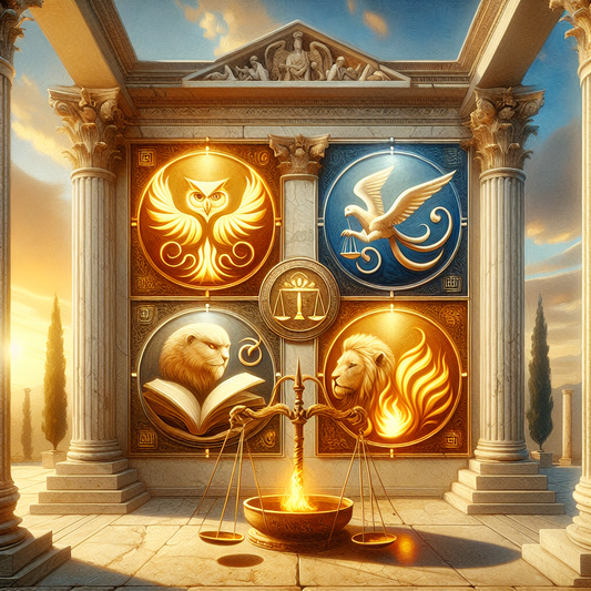 Glowing cardinal symbols representing the four Stoic virtues—wisdom, justice, courage, and temperance—set against a serene ancient Roman philosophical setting with marble columns and warm sunlight.