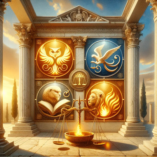 Glowing cardinal symbols representing the four Stoic virtues—wisdom, justice, courage, and temperance—set against a serene ancient Roman philosophical setting with marble columns and warm sunlight.