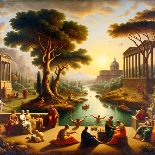 Depiction of a serene Roman landscape with a philosopher emphasizing Stoicism's balance of emotions and logic, framed by rivers and trees.