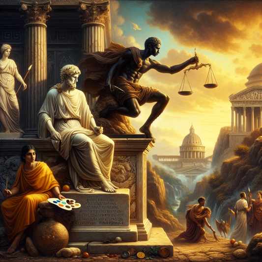 Depiction of Stoicism's four cardinal virtues in a grand Roman landscape, reflecting the aesthetic of 1960s historical films.