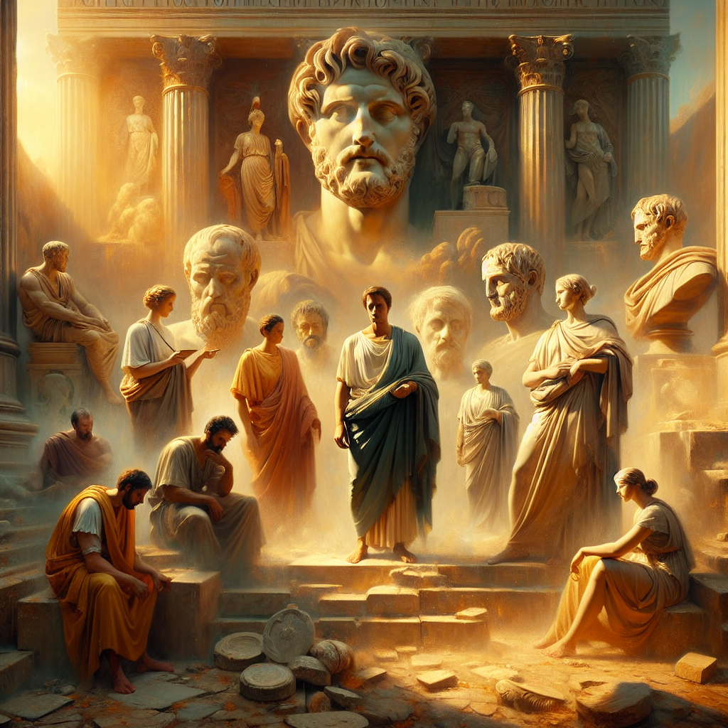 Modern celebrities depicted with ancient Roman statues and symbols of Stoicism, embodying mental resilience and calm in a classic historical painting style.