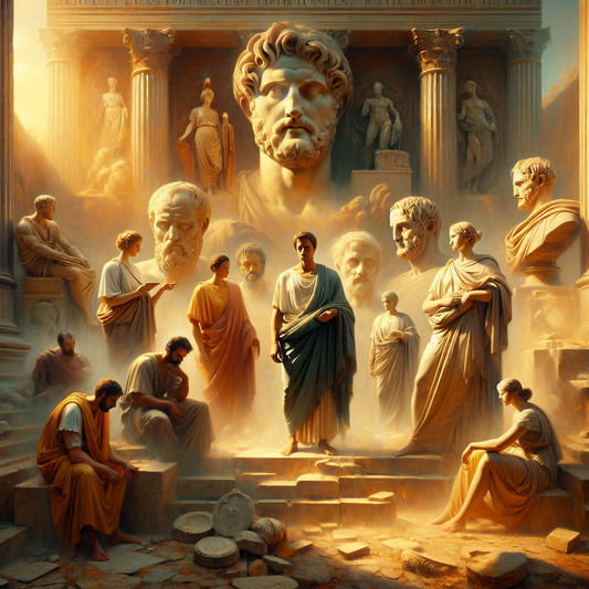 Modern celebrities depicted with ancient Roman statues and symbols of Stoicism, embodying mental resilience and calm in a classic historical painting style.