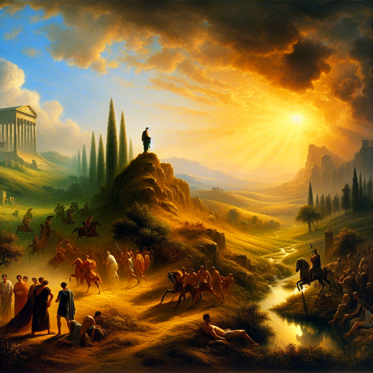 A Roman landscape symbolizing Stoicism with chaos and tranquility, featuring skirmishing soldiers and peaceful citizens, in a style inspired by 1960s historical films.