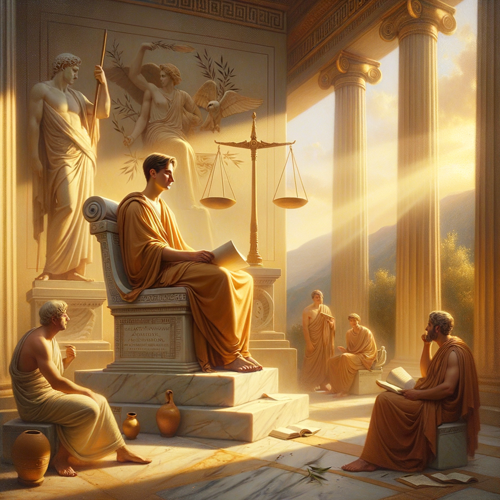 Ancient Greek philosopher seated in a serene setting with symbols of wisdom and balance, rendered in a style inspired by 1960s historical epic films.