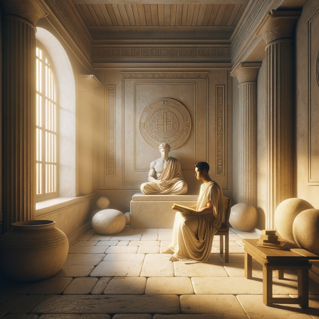 A person in a toga sitting with a scroll in a minimalist room, evoking tranquility and Stoic simplicity.