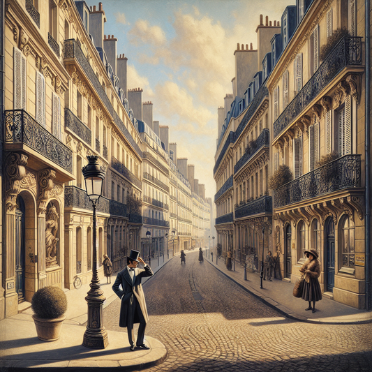 A stylish French person elegantly performing the Gallic shrug gesture on a classic Parisian street with traditional stone buildings and wrought iron balconies under soft natural light.