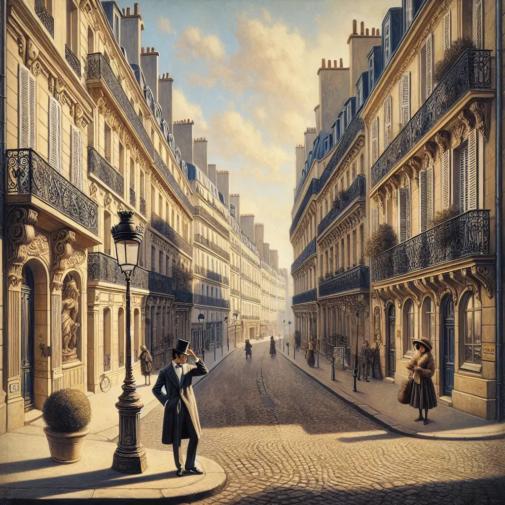 A stylish French person elegantly performing the Gallic shrug gesture on a classic Parisian street with traditional stone buildings and wrought iron balconies under soft natural light.