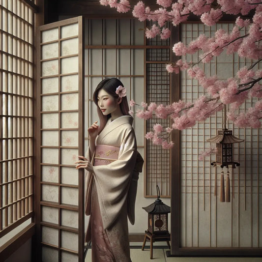 Elegant young woman with muted sakura hair and a playful, subtle smile by a lattice window with cherry blossoms in traditional Japanese style, minimalistic and serene.