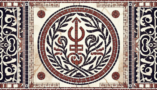 symbolic staff of a nordic voelva in brick red relief on natural white stone background