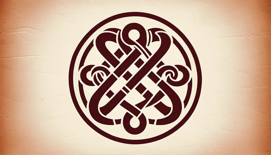 Symbolische Darstellung von Loki mit nordischen Ornamenten in dunklem Ziegelrot auf hellem steinartigen Hintergrund