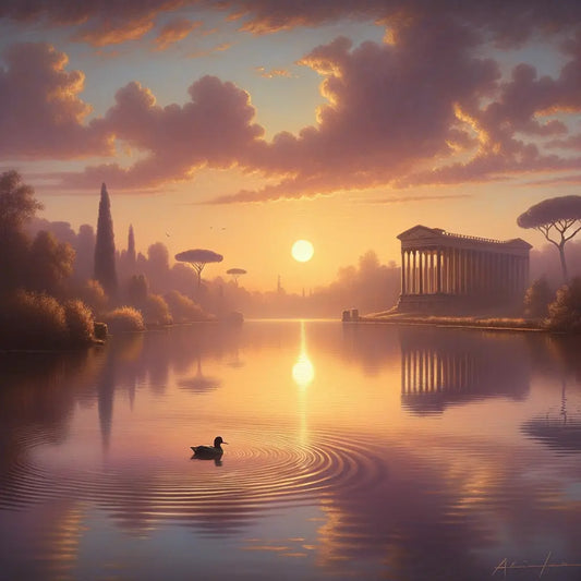 A serene sunset over a calm lake with a single duck gliding across, evoking tranquility and emotional stoicism.