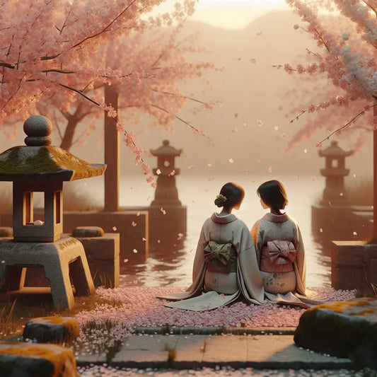 Two female anime-style figures sharing a tender moment amidst soft cherry blossoms in a tranquil traditional Japanese garden, bathed in gentle romantic light, minimalistic and serene.
