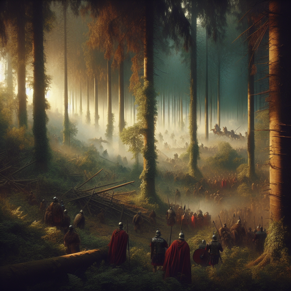 Misty ancient forest at dawn with Roman soldiers in red cloaks and Germanic warriors hidden in shadows, inspired by the Teutoburg Forest ambush and classic 1960s historical film style.