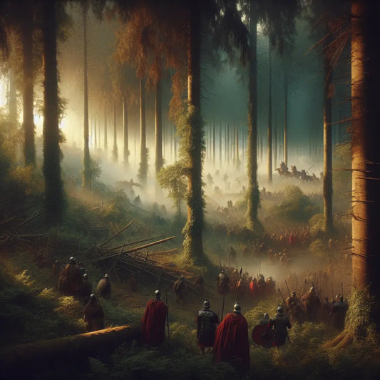 Misty ancient forest at dawn with Roman soldiers in red cloaks and Germanic warriors hidden in shadows, inspired by the Teutoburg Forest ambush and classic 1960s historical film style.