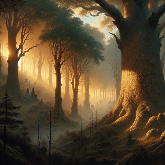 A cinematic dawn scene in the ancient Teutoburg Forest with mist weaving through towering oak and beech trees, faint runic symbols on bark, and subtle ghostly figures of ancient warriors in the background.