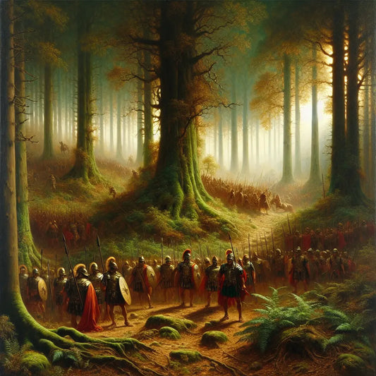Misty ancient Teutoburg Forest with towering trees and faint shadows of ancient warriors blending into the foggy background, inspired by 1960s Roman historical epics.