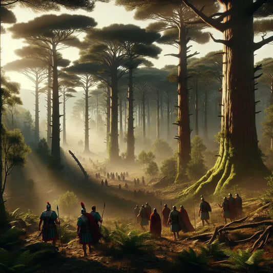 Roman legionaries cautiously advancing through a dense, misty ancient German forest of tall oak and pine trees at early morning light, in the style of 1960s Roman historical epic films.