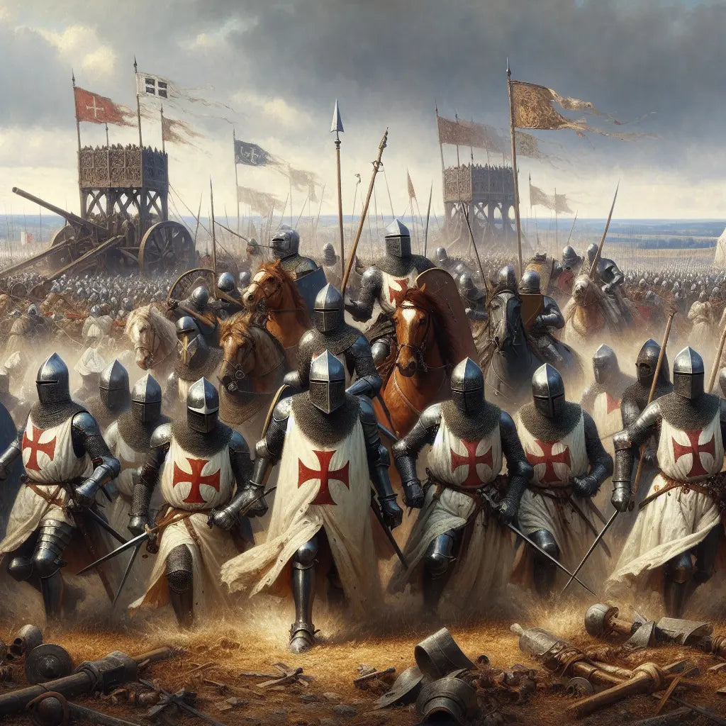 Heavily armored Teutonic Knights charging on a medieval battlefield with siege weapons and cavalry under a moody, overcast sky, painted in the style of classic 1960s historical epic films.