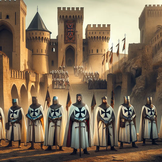 Teutonic Knights in white cloaks with black crosses holding banners, standing on a castle battlement under warm daylight, depicted in a cinematic 1960s historical painting style.