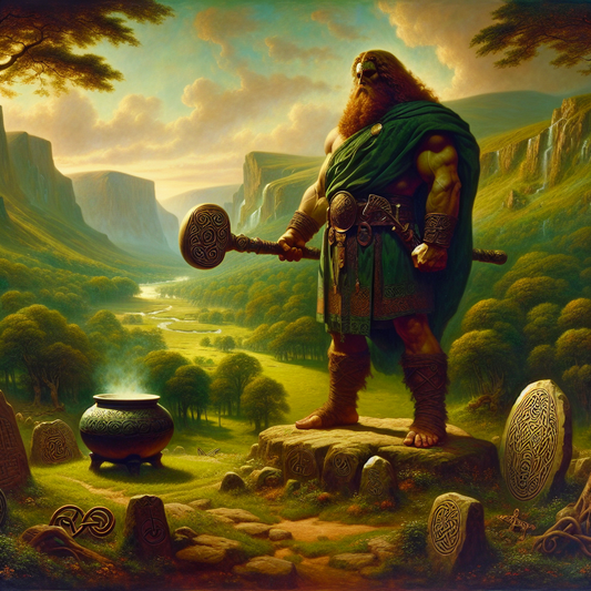 The Dagda, Celtic god, stands wielding a large magical club beside a nourishing cauldron amid lush green ancient Irish landscape with Celtic symbols and rolling hills in a cinematic 1960s epic painting style.