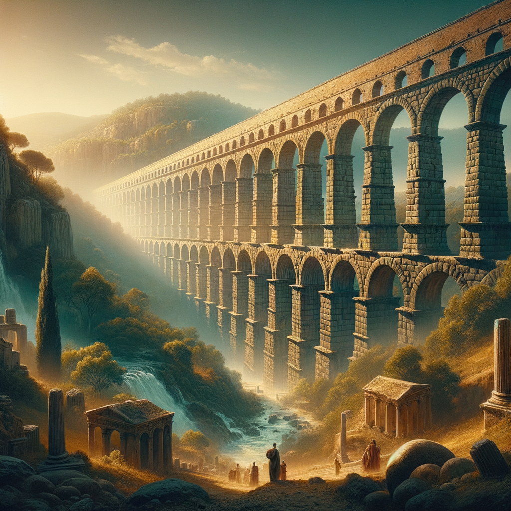 Roman aqueduct spanning a lush valley with dramatic arches, inspired by 1960s historical epic film style.