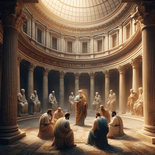 Stoic philosophers like Marcus Aurelius, Seneca, and Epictetus in a classical Roman courtyard, engaged in deep thought, in a style reminiscent of 1960s historical epics.