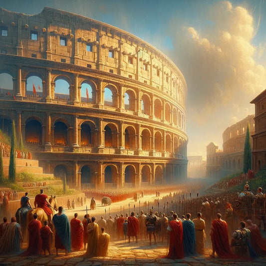 A majestic view of the Colosseum's exterior under a clear Roman sky, with detailed arches and columns, inspired by 1960s historical films.
