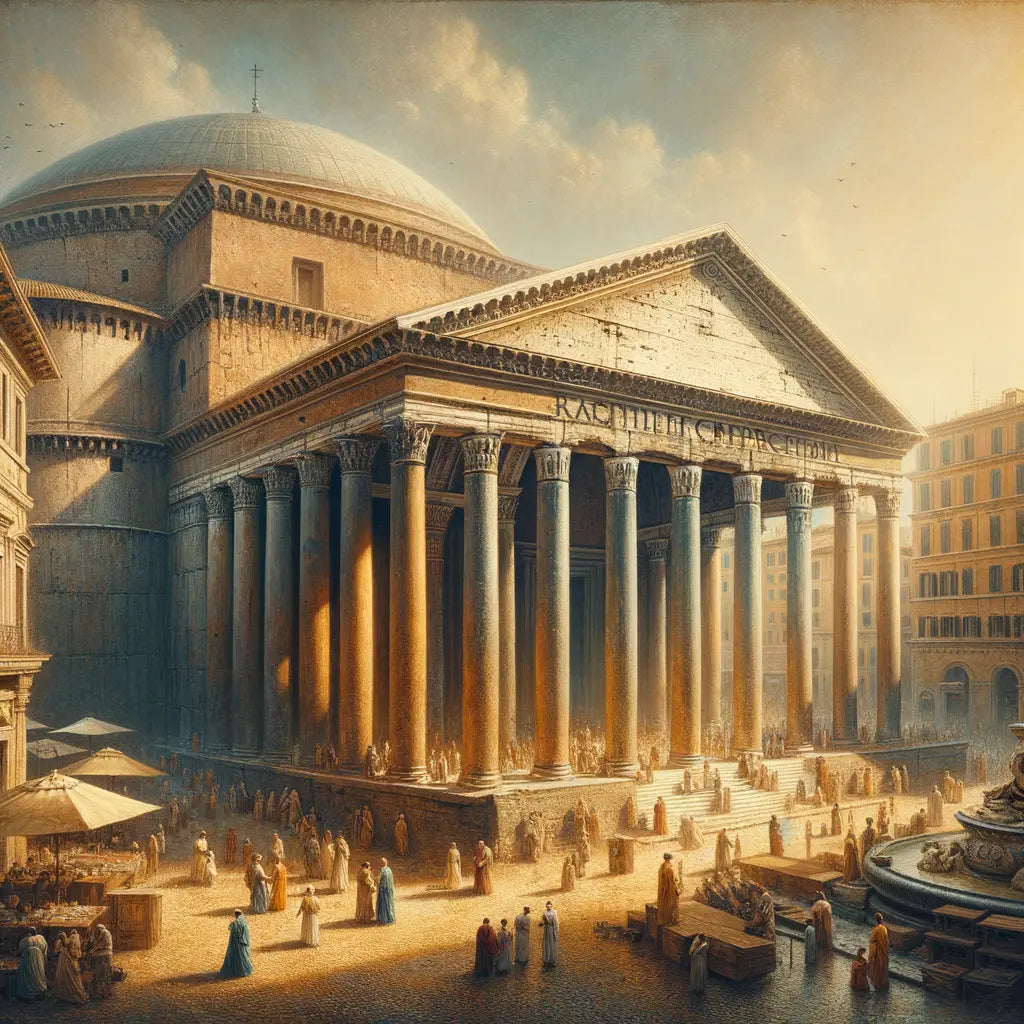 A cinematic painting of the ancient Roman Pantheon, highlighting its grand dome and classical architecture, in the style of 1960s historical films.
