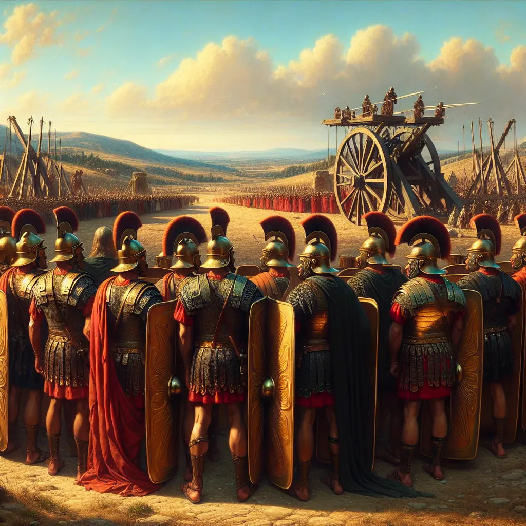 Roman soldiers in testudo formation on an ancient battlefield, with siege weapons in the background, in cinematic 1960s historical film style.