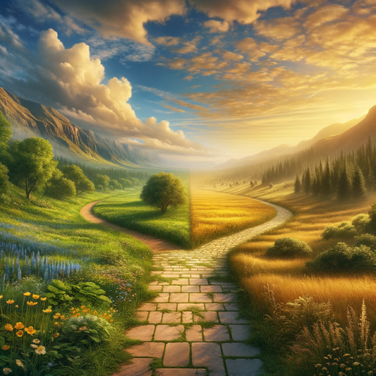 Mountainside trail with two paths under a serene sky, one lush representing mindfulness, another paved for Stoicism, inspired by 1960s historical epics.