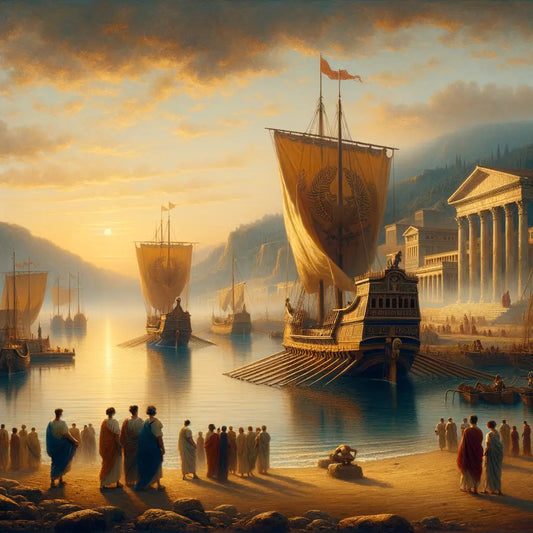 Tranquil Roman harbor at dawn with ships anchored amid gentle seas, depicted in a 1960s historical film style.
