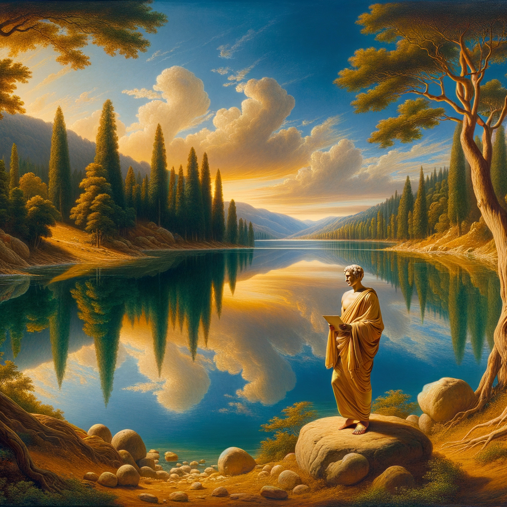 A Stoic philosopher in a toga stands by a serene lake, symbolizing calmness and balance, inspired by 1960s historical film aesthetics.