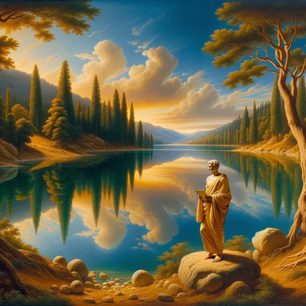 A Stoic philosopher in a toga stands by a serene lake, symbolizing calmness and balance, inspired by 1960s historical film aesthetics.