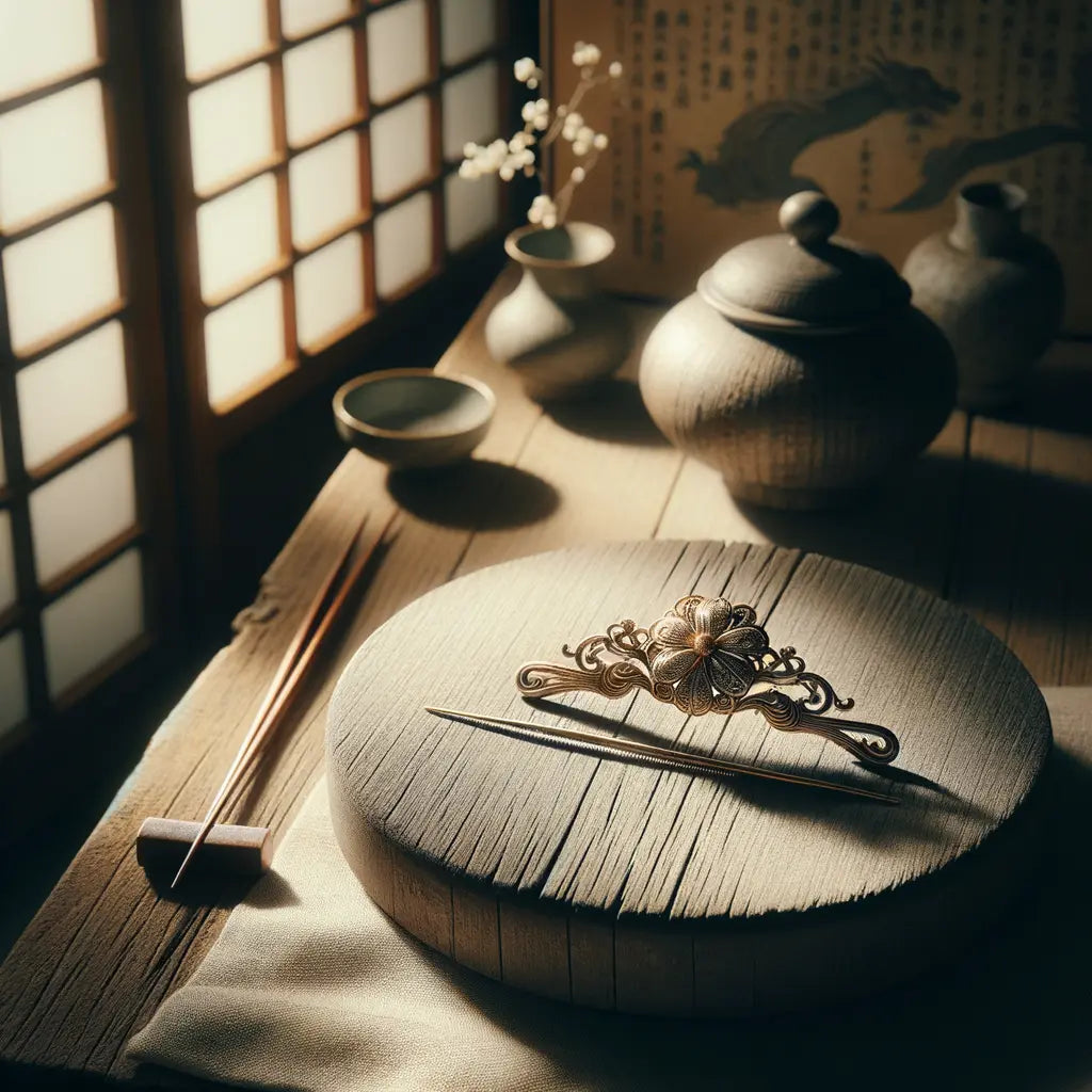 Elegantes historisches japanisches Schmuckstück auf einer weichen Holzoberfläche in einem ruhigen, traditionellen Ambiente.