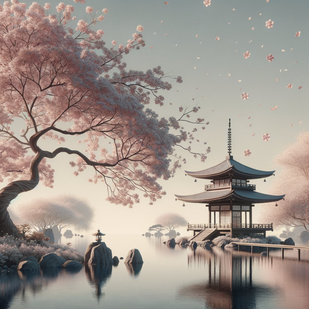 A minimalist depiction of a Japanese garden with cherry blossoms and a pagoda.