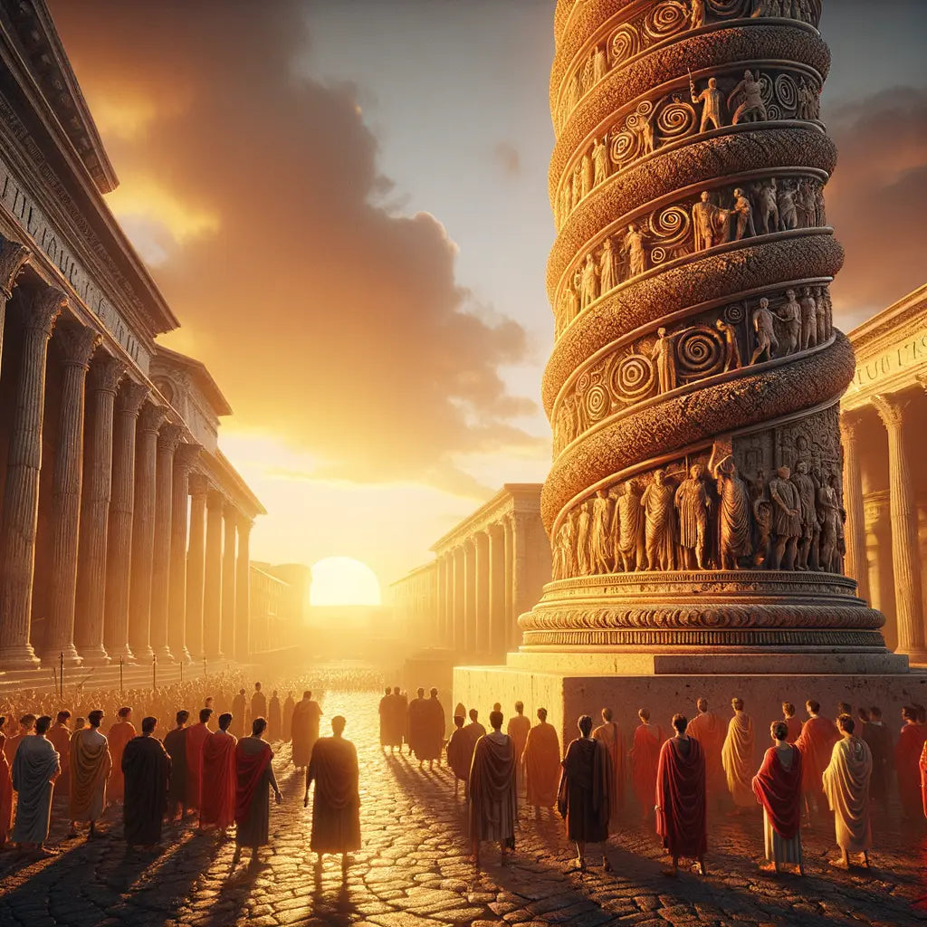 Aurelius Column in Rome at sunset, showcasing its intricate carvings and surrounded by figures in Roman attire, styled like a 1960s historical epic.
