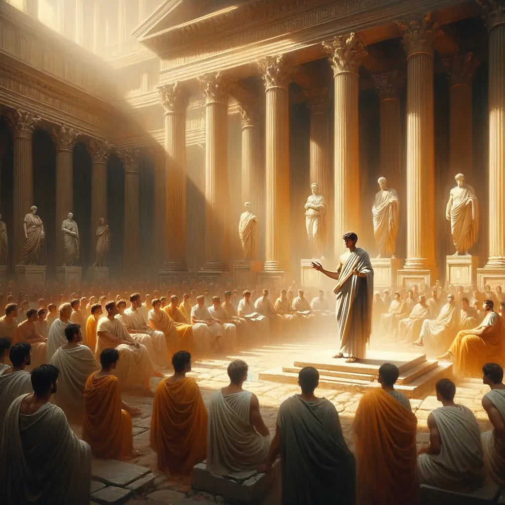 Epictetus teaching Stoic philosophy to young Marcus Aurelius in an ancient Roman forum setting, inspired by classic 1960s historical films.