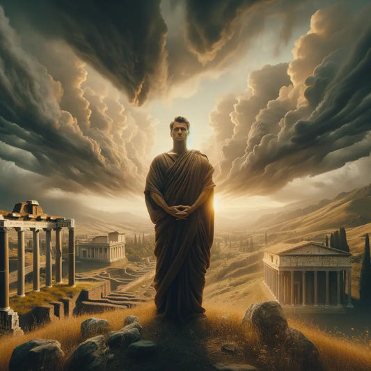 A serene stoic figure in Roman toga stands calm amidst a stormy Roman landscape, reminiscent of classic 1960s historical films.