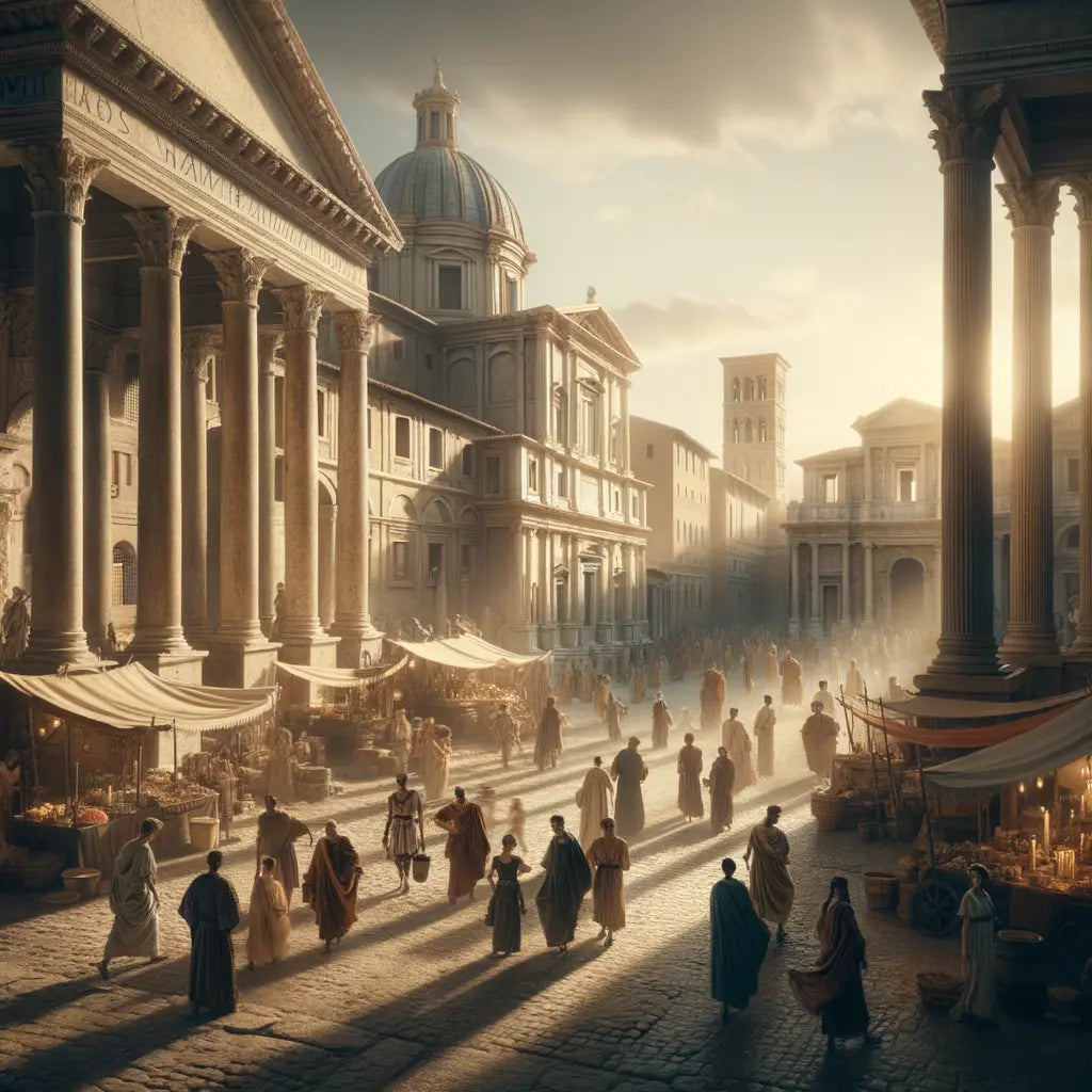 A cinematic view of ancient Rome with vibrant activity and iconic structures.