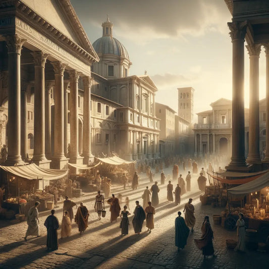 A cinematic view of ancient Rome with vibrant activity and iconic structures.