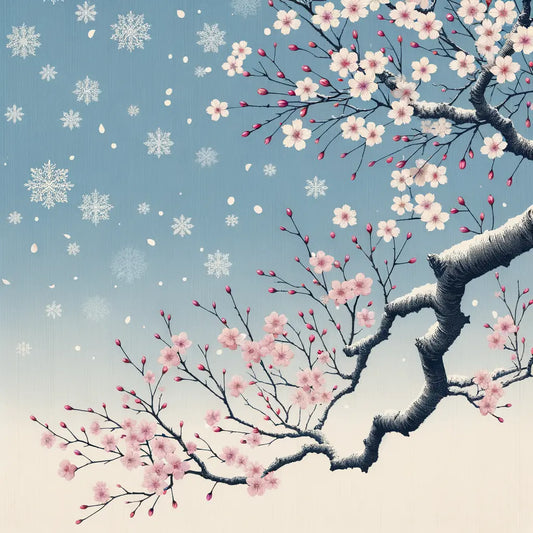 Minimalistische Darstellung von Kirschblüten in voller Blüte mit sanft fallenden Blütenblättern vor einem klaren blauen Himmel, die Frühlingsneuerung symbolisieren.