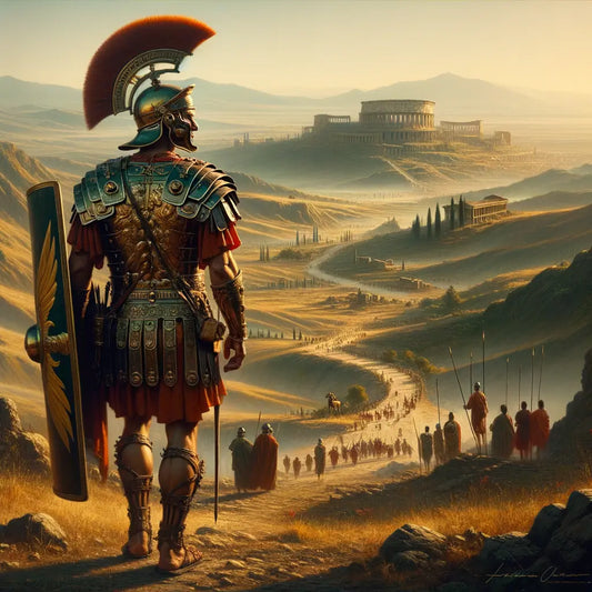 A Roman legionary in detailed armor and helmet marching through diverse terrains against a Roman architectural backdrop, inspired by 1960s historical epics.