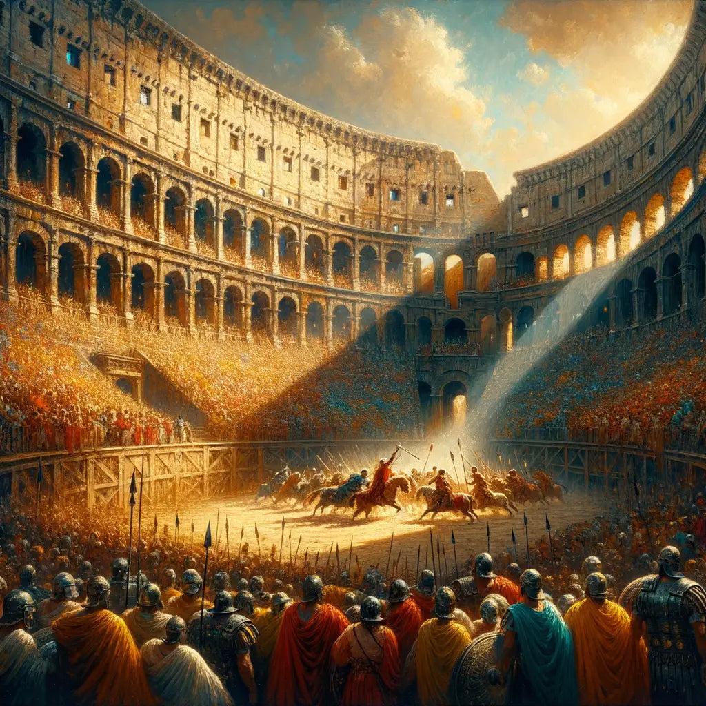 A vintage-style illustration showcasing the grandeur of the Colosseum during ancient Rome with crowds and gladiatorial combat, inspired by 1960s historical films.