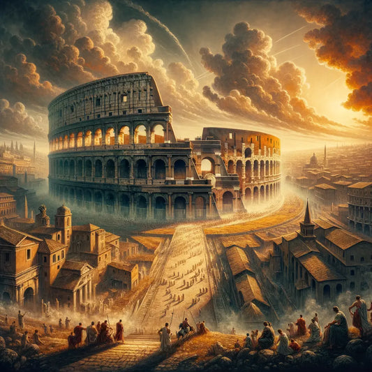 A panoramic view of the ancient Colosseum in Rome against a vibrant sunset with figures dressed in Roman togas and armor, inspired by 1960s historical films.
