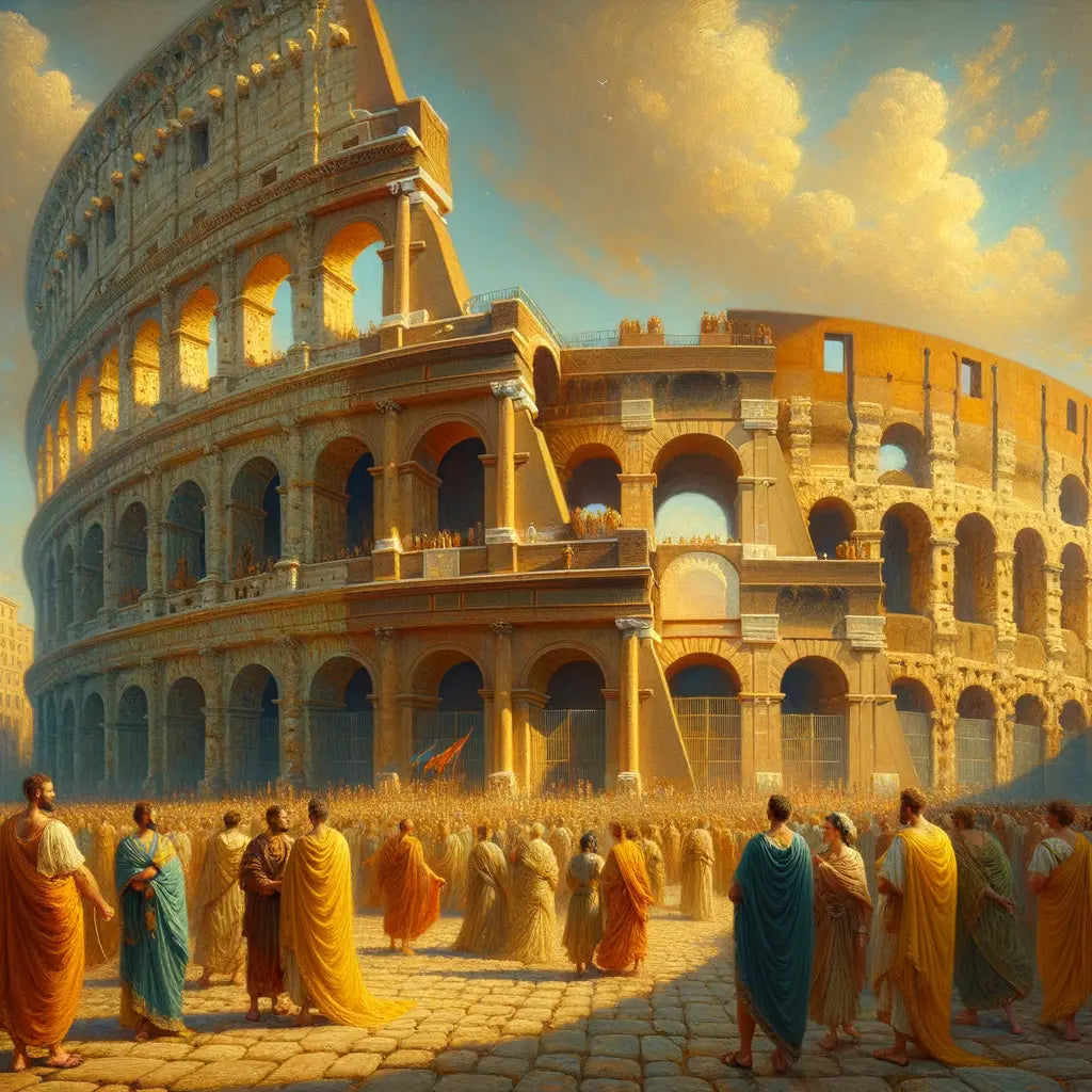 Majestic view of the Colosseum's iconic arches and stone facade, inspired by 1960s historical epic style.